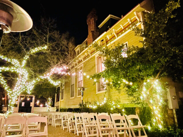 wedding venue at night with string lights